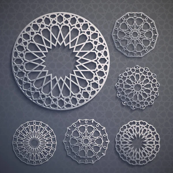 Vettore dell'ornamento islamico, motivo persiano. Elementi 3d ramadan islamico modello rotondo. Set modello logo geometrico. Vettore di simboli arabi ornamentali circolari . — Vettoriale Stock