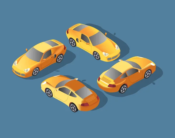 Sarı sedan araba. Taksi taşıma, hizmet. Infographics ve oyun tasarım konsepti. Taksi otomobili tasarımında. 3D izometrik vektör çizim düz. — Stok Vektör