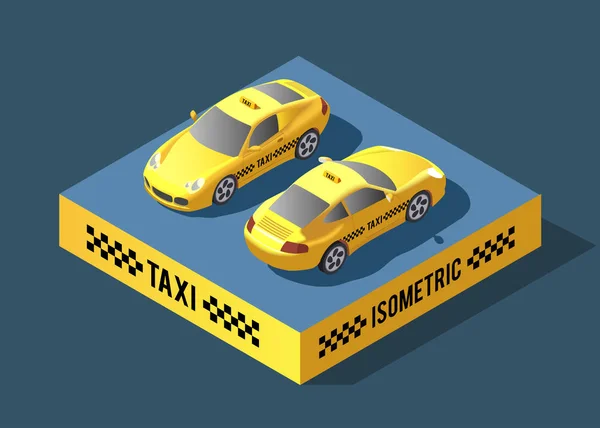 Sarı sedan araba. Taksi taşıma, hizmet. Infographics ve oyun tasarım konsepti. Taksi otomobili tasarımında. 3D izometrik vektör çizim düz. — Stok Vektör