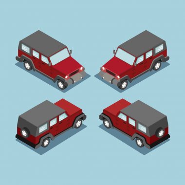 İzometrik safari yol araba kapalı. Çapraz ülke araç izometrik Suv kırmızı araba.