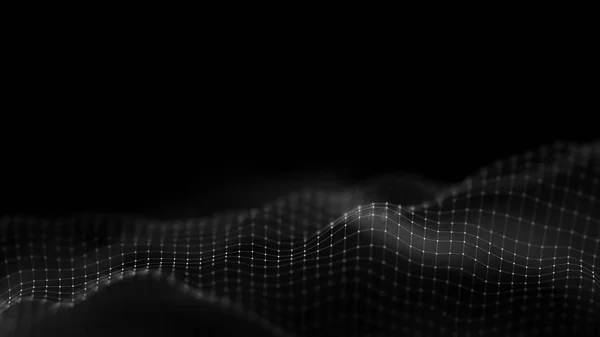 3D abstrakt bakgrund nätverk koncept. Framtida bakgrund teknik illustration. 3D landskap. Stordata. Wireframe landskap med anslutningar prickar och linjer på mörk bakgrund. — Stockfoto