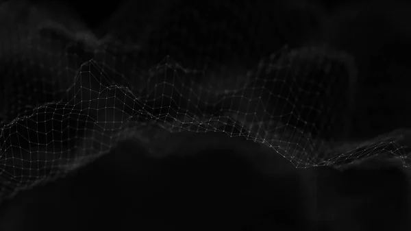 3D концепція абстрактної фонової мережі. Майбутня фонова технологія ілюстрація. 3D ландшафт. Великі дані. Дротяна рамка Пейзаж з точками з'єднання та лініями на темному тлі . — стокове фото