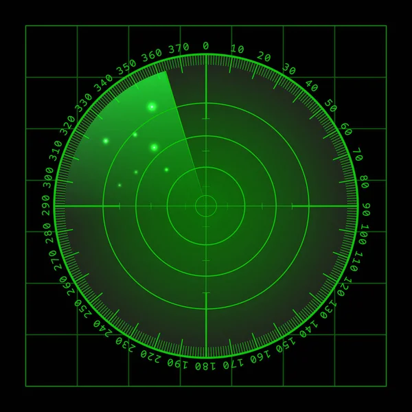 Military green radar screen with target. Futuristic HUD interface. Stock vector illustration. — Stock Vector