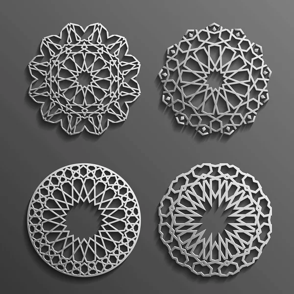 Vettore dell'ornamento islamico, motivo persiano. Elementi 3d ramadan modello rotondo. Set modello logo geometrico. Simboli arabi ornamentali circolari  . — Vettoriale Stock