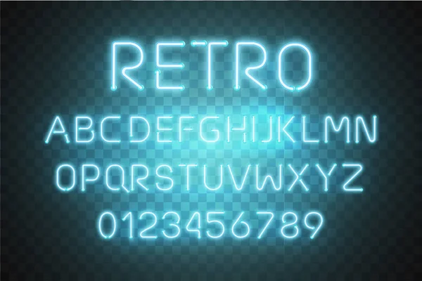 Fény Neon betűtípus ábécé vektor. Ragyogó szövegeffektus. Neon cső kék betűkkel elszigetelt átlátszó háttér. Illusztráció vektor Eps 10 . — Stock Vector