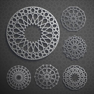 İslami süs vektörü, Pers güdüsü. 3 boyutlu ramazan İslami desen elementleri. Geometrik logo şablonu ayarlandı. Dairesel süslemeli Arapça semboller vektörü .