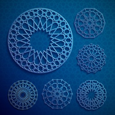 İslami süs vektörü, Pers güdüsü. 3 boyutlu ramazan İslami desen elementleri. Geometrik logo şablonu ayarlandı. Dairesel süslemeli Arapça semboller vektörü .