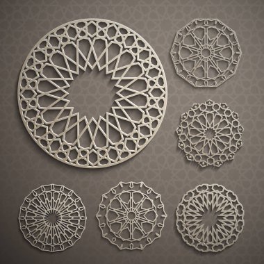 İslami süs vektörü, Pers güdüsü. 3 boyutlu ramazan İslami desen elementleri. Geometrik logo şablonu ayarlandı. Dairesel süslemeli Arapça semboller vektörü .