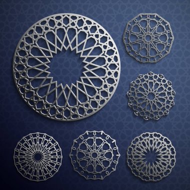 İslami süs vektörü, Pers güdüsü. 3 boyutlu ramazan İslami desen elementleri. Geometrik logo şablonu ayarlandı. Dairesel süslemeli Arapça semboller vektörü .