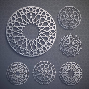 İslami süs vektörü, Pers güdüsü. 3 boyutlu ramazan İslami desen elementleri. Geometrik logo şablonu ayarlandı. Dairesel süslemeli Arapça semboller vektörü .