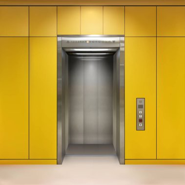 Krom metal ofis asansör kapıları. Açık ve kapalı varyant. Gerçekçi vektör illüstrasyonu sarı duvar panelleri ofis asansörü.