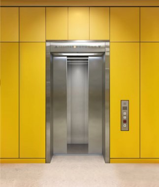 Krom metal ofis asansör kapıları. Açık ve kapalı varyant. Gerçekçi vektör illüstrasyonu sarı duvar panelleri ofis asansörü.