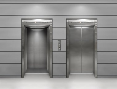 Krom metal ofis binası Asansör kapıları. Açık ve kapalı değişken. Gerçekçi vektör çizim gri duvar panelleri ofis binası Asansör.