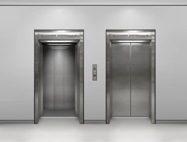 Krom metal ofis binası Asansör kapıları. Açık ve kapalı değişken. Gerçekçi vektör çizim gri duvar panelleri ofis binası Asansör.