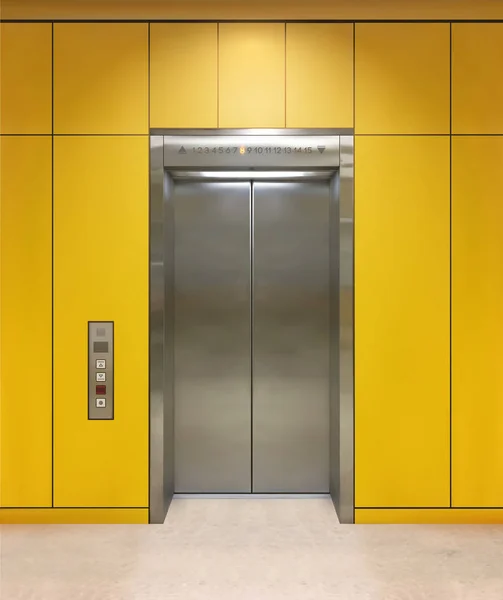 Chrome metal escritório edifício elevador portas. Variante aberta e fechada. Realista vetor ilustração amarelo parede painéis escritório edifício elevador . — Vetor de Stock