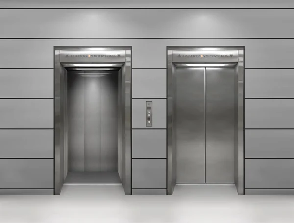 Chrom kovové kancelářské budovy dveře výtahu. Otevřené a uzavřené varianta. Realistická vektorová ilustrace šedé stěny panely kancelářské budově výtah. — Stockový vektor