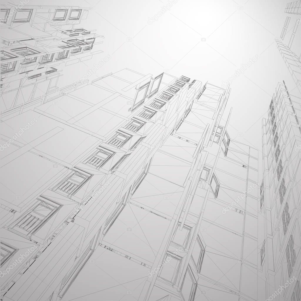 Modern architecture wireframe. Concept of urban wireframe. Wireframe building illustration of architecture CAD