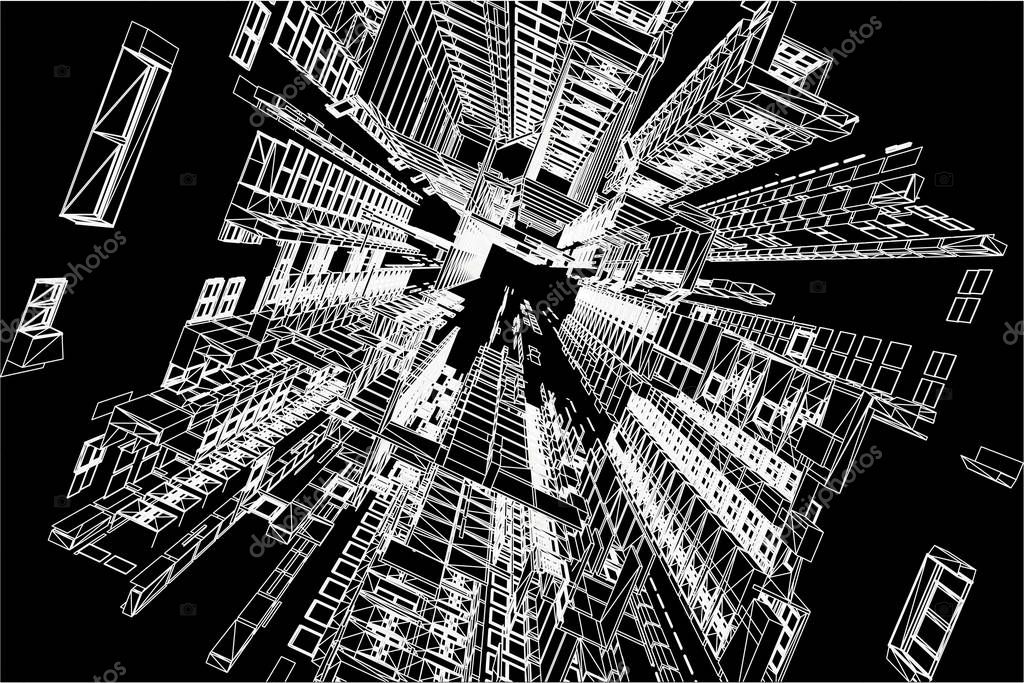 Modern architecture wireframe. Concept of urban wireframe. Wireframe building illustration of architecture CAD