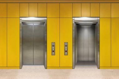 Krom metal ofis asansör kapıları. Açık ve kapalı varyant. Gerçekçi vektör illüstrasyonu sarı duvar panelleri ofis asansörü.