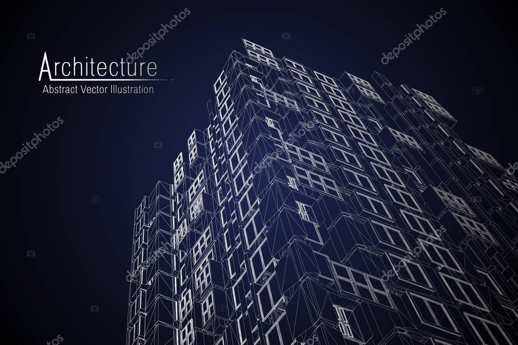 Modern architecture wireframe. Concept of urban wireframe. Wireframe building illustration of architecture CAD