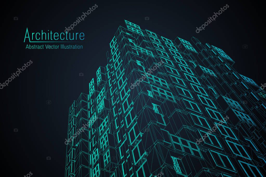 Modern architecture wireframe. Concept of urban wireframe. Wireframe building illustration of architecture CAD