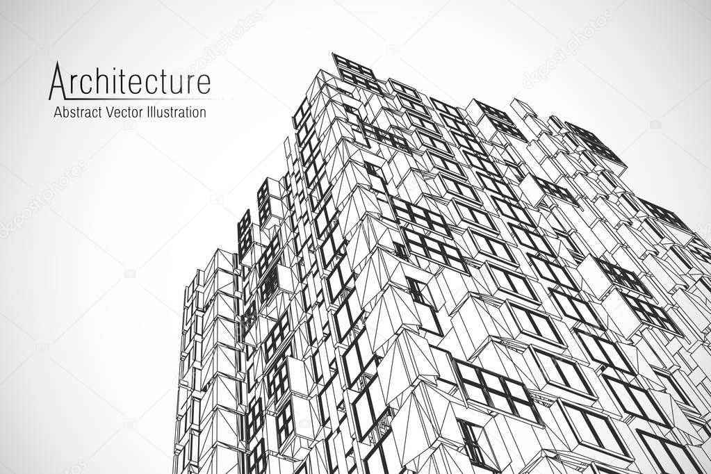 Modern architecture wireframe. Concept of urban wireframe. Wireframe building illustration of architecture CAD drawing.