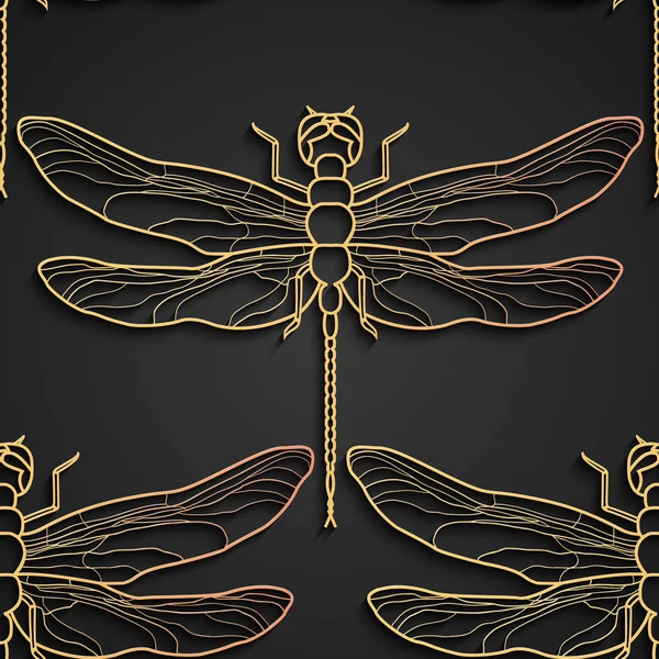 Libellenmuster, Muster aus schwarzem Gold. Vektorillustration. nahtloses Muster mit isolierter Libelle. — Stockvektor