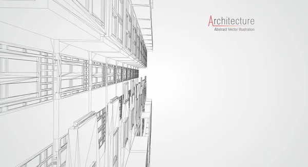 Architecture moderne wireframe. Concept de câblage urbain. Illustration de bâtiment en fil métallique de l'architecture dessin CAO . — Image vectorielle