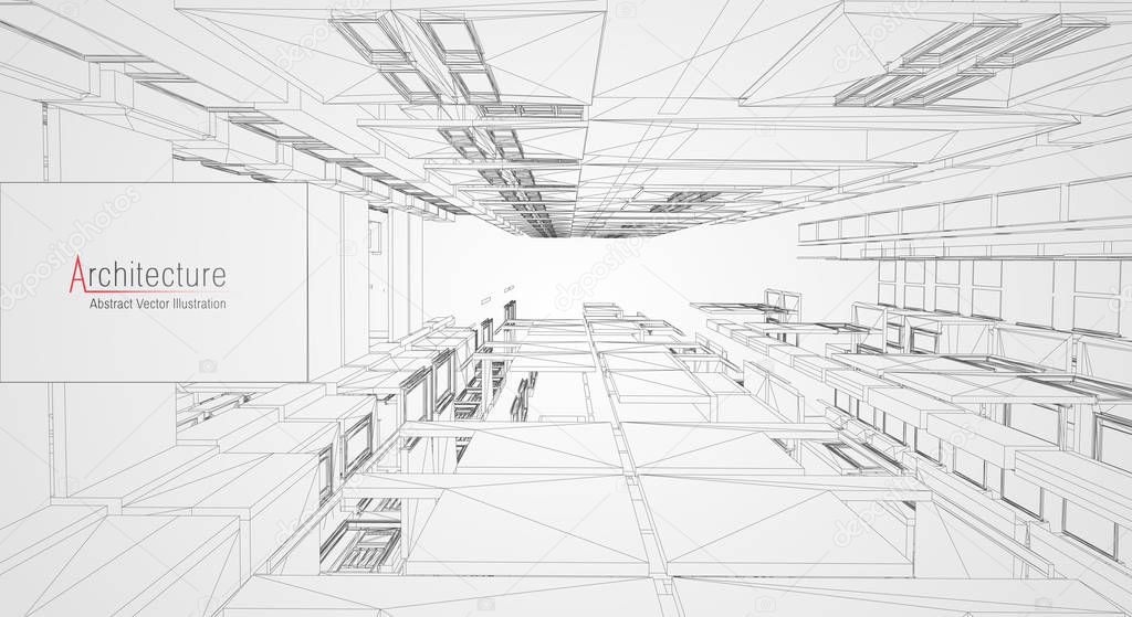 Modern architecture wireframe. Concept of urban wireframe. Wireframe building illustration of architecture CAD drawing.