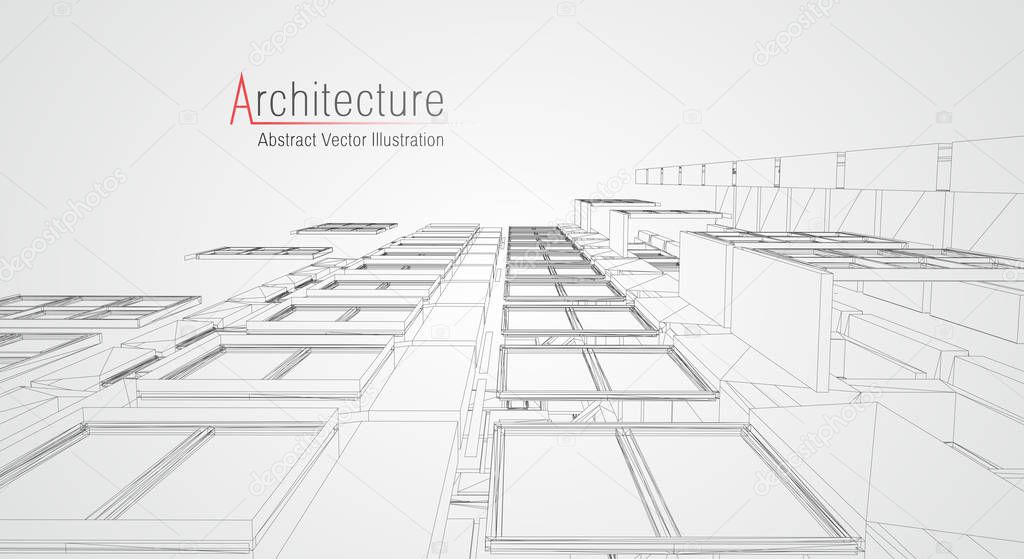 Modern architecture wireframe. Concept of urban wireframe. Wireframe building illustration of architecture CAD drawing.