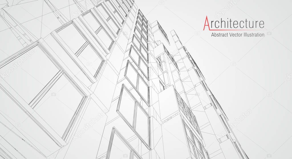 Modern architecture wireframe. Concept of urban wireframe. Wireframe building illustration of architecture CAD drawing.