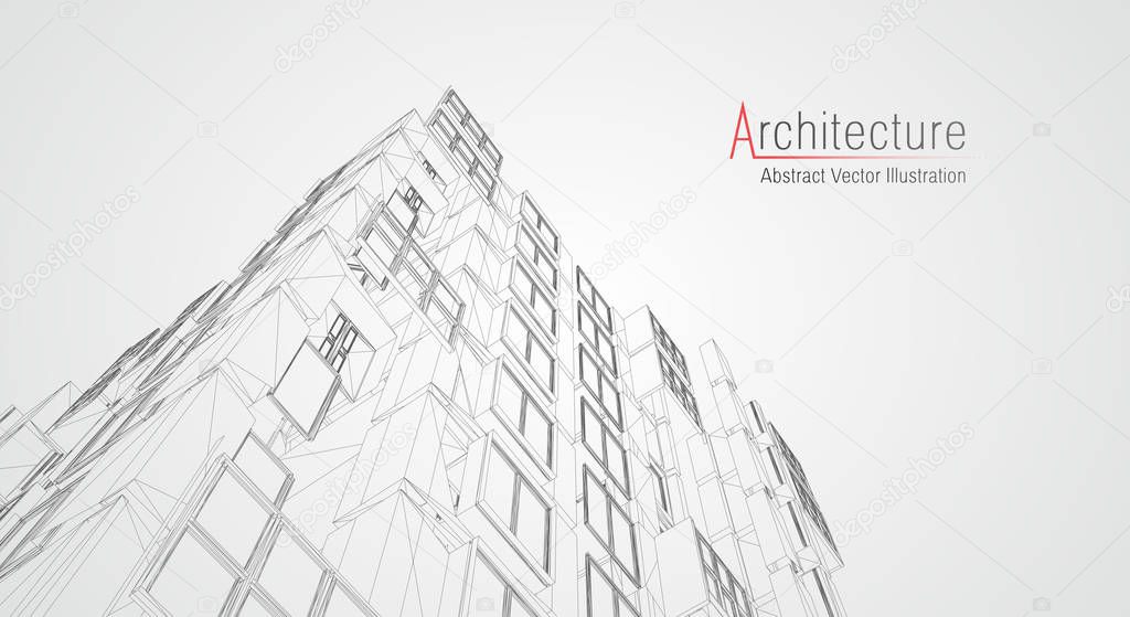 Modern architecture wireframe. Concept of urban wireframe. Wireframe building illustration of architecture CAD drawing.