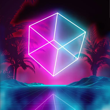 Oyun için geçmişe dönük fütüristik arka plan. Müzik 3D dans galaksisi posteri. 80 'lerin arka plan diskosu. Neon küp sentetik dalga dijital tel çerçeveli palmiyeler. Boşluk vektörü.