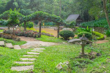 Taş yolu, gölet güzel peyzaj tasarımı ile Asya huzurlu bahçesinde