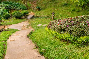 Taş yolu, gölet güzel peyzaj tasarımı ile Asya huzurlu bahçesinde