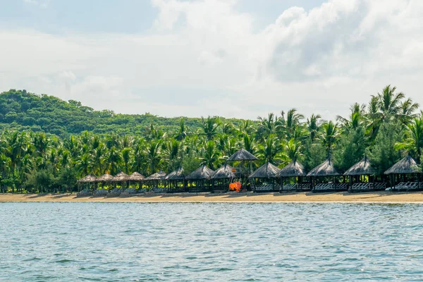 パラソルとヤシの木でリゾートの熱帯ビーチ — ストック写真