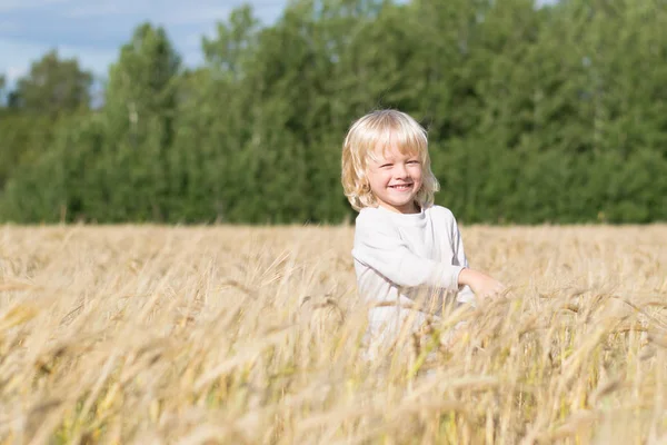 在成熟的黑麦麦田金发斯拉夫快乐的孩子男孩 — 图库照片
