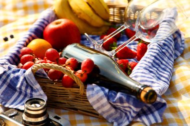 Çimenlerin üzerinde Parkta piknik: masa örtüsü, sepet, sağlıklı yiyecek ve aksesuarları, üstten görünüm