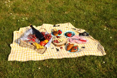 Çimenlerin üzerinde Parkta piknik: masa örtüsü, sepet, sağlıklı yiyecek ve aksesuarları, üstten görünüm