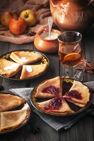 Deliciosos Panqueques Con Rellenos Dulces Maslenitsa — Foto de Stock