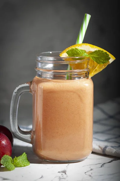 Fruit Drink Consisting Yogurt Plums Whipped Mixer Healthy Tasty Breakfast — 스톡 사진