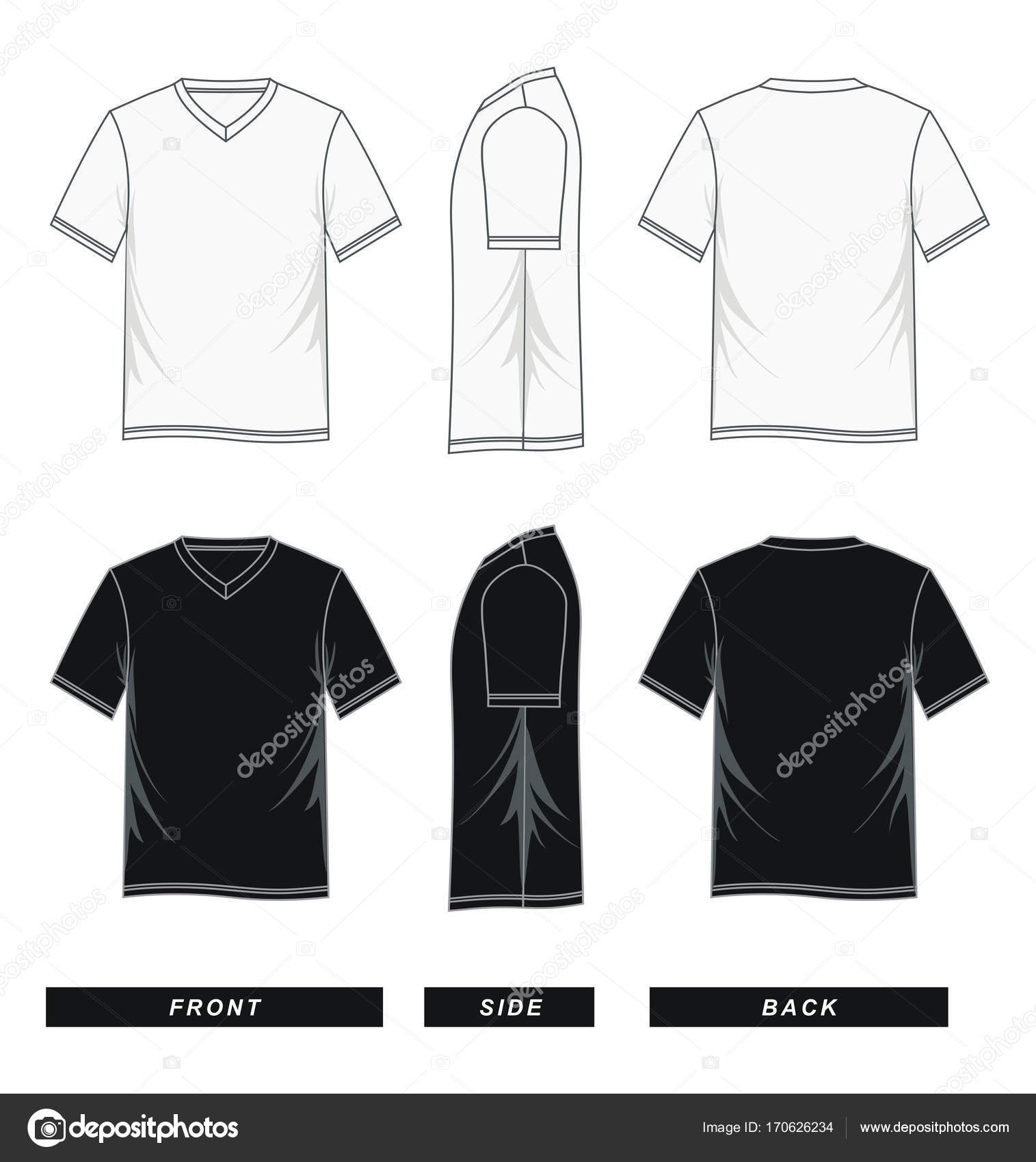 V neck T-shirt short sleeve front, side, back, black white, Stock ...