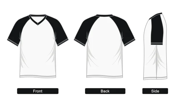 T-shirt raglan manches col V, blanc noir vecteur blanc — Image vectorielle