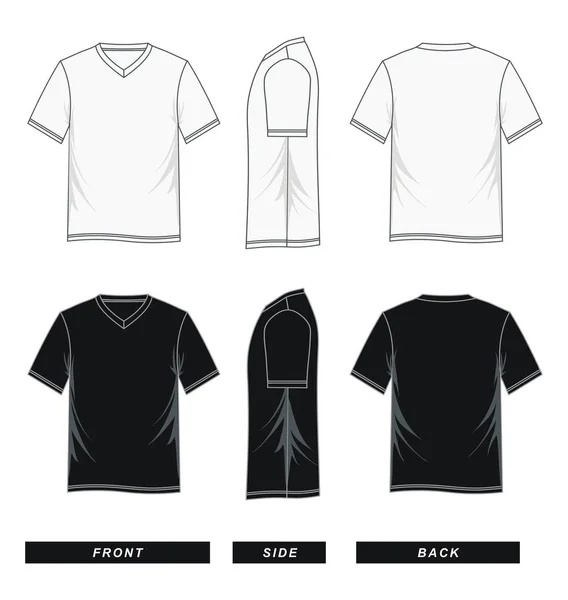 V pescoço T-shirt manga curta frente, lado, costas, preto branco , — Vetor de Stock