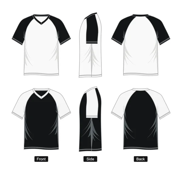 T-shirt raglan manga decote em V preto e branco — Vetor de Stock