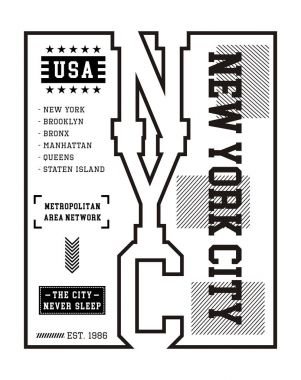 New York City spor tipografi tasarım t SHIRT baskı için. Okul takımı tarzı. T-shirt grafiği