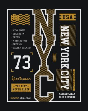 New York City spor tipografi tasarım t SHIRT baskı için. Okul takımı tarzı. T-shirt grafiği