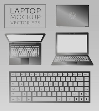 dizüstü düz mockup ön ve üst sayısı. Web siteleri, iş, pazarlama, reklam ve ticari için en az düz tasarımı. Açık renkli dizüstü bilgisayar simgeleri. İzole klavye siyah düğmeli.