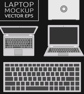 dizüstü düz mockup ön ve üst sayısı. Web siteleri, iş, pazarlama, reklam ve ticari için en az düz tasarımı. Koyu arka plan üzerinde dizüstü bilgisayar kutsal kişilerin resmi. İzole klavye siyah düğmeli.
