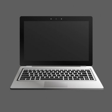 dizüstü düz mockup önünde görüntüleyin. Web siteleri, iş, pazarlama ve reklam için en az düz tasarımı. Koyu arka plan üzerinde taşınabilir bilgisayar simgeler. Siyah düğmeleri ve karanlık perde olan Yalıtılmış dizüstü bilgisayar.